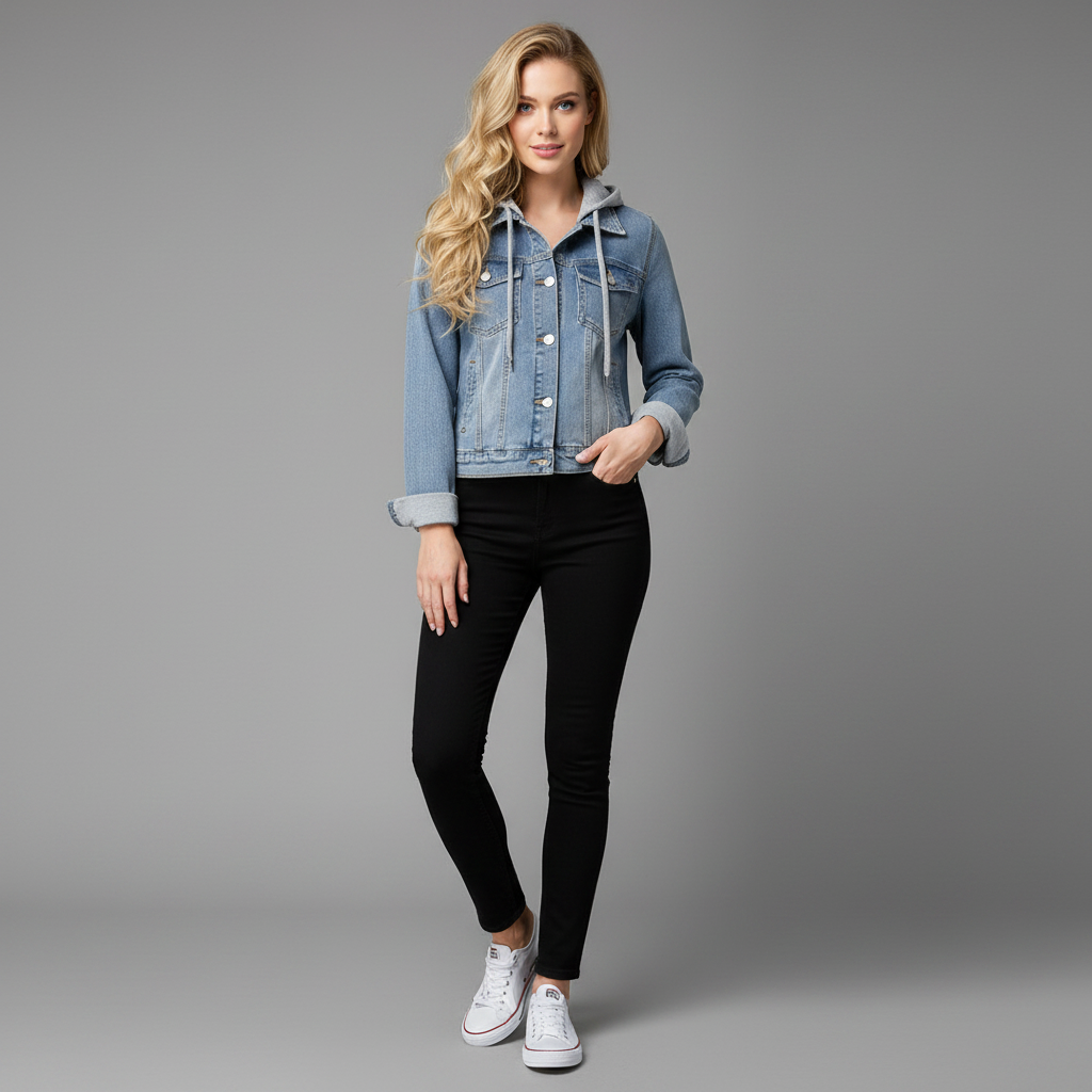 Damen Jeansjacke Mit Abnehmbarer Kapuze | Freizeitjacke